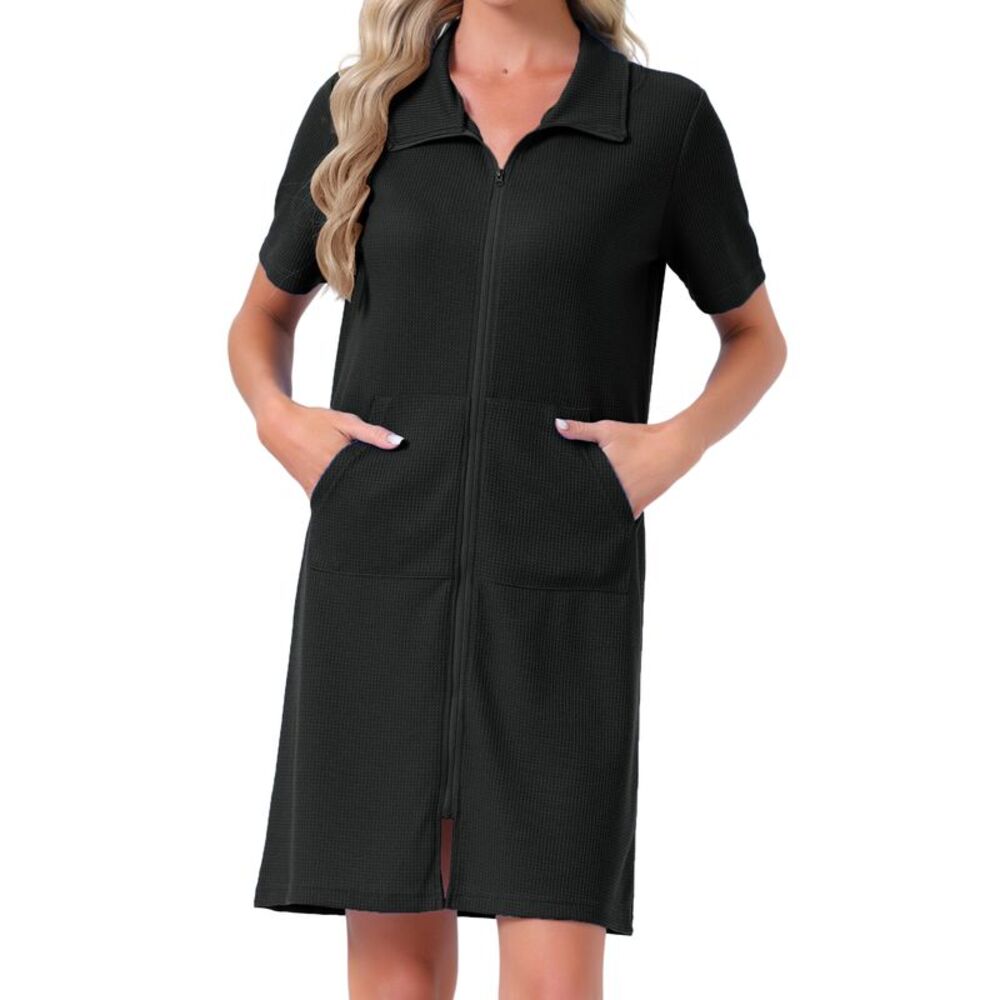 Women's Zipper Bathrobe Waffle Short Sleeve Pajama Black